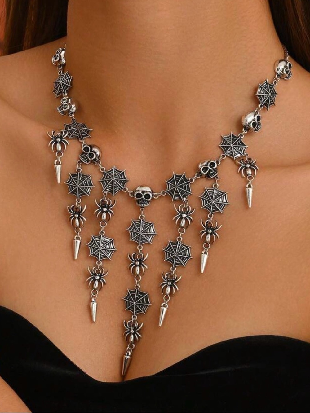 Gothic Spider Web & Skull Statement Necklace – Silver Tone